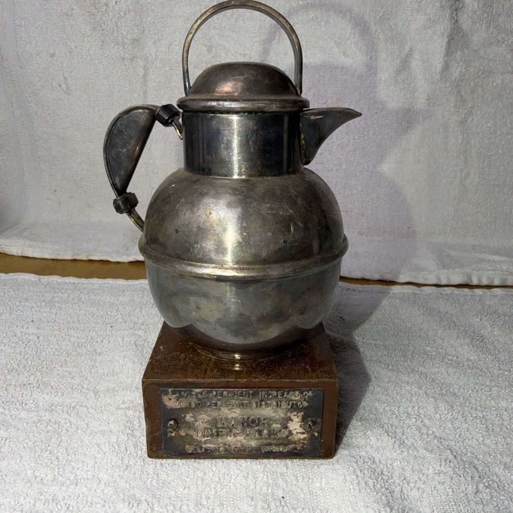 VTG Dairy Farm Mini Trophy Pitcher Teapot Patina Silver